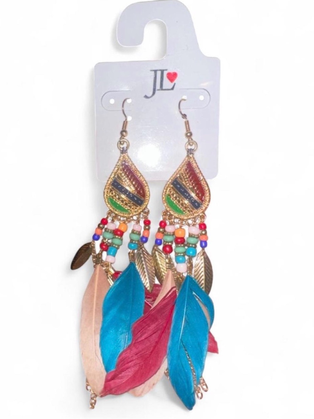 Boho Feather Drop Earrings in Blue, Pink & Red -